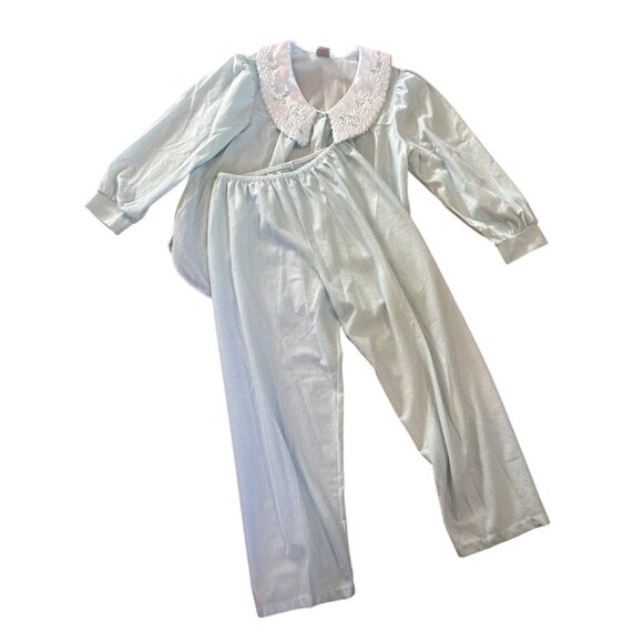 Bellina Pajama Set Womens Med Striped Embroidered Collar Mint Green Flannel Feel - Picture 1 of 13